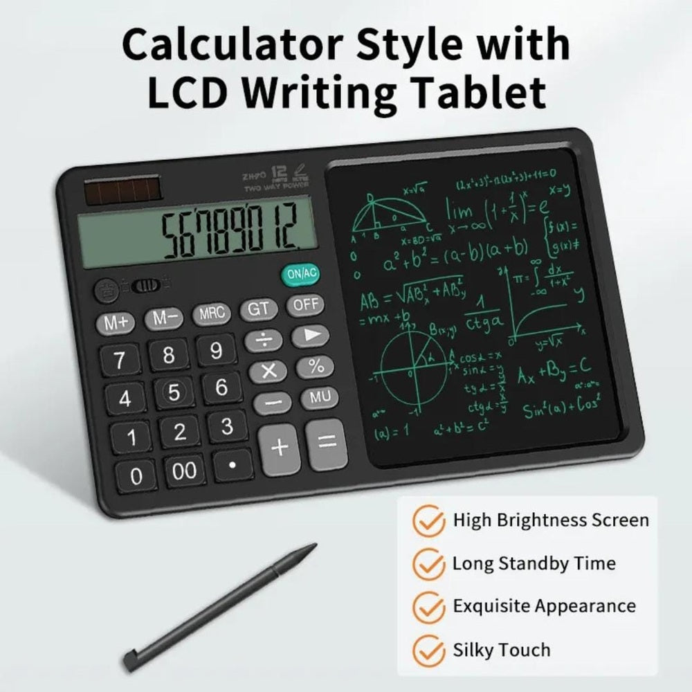 2-in-1 Calculator with Writing Pad | 12-Digit Electronic Calculator & 6-Inch LCD Writing Tablet | Solar + Battery