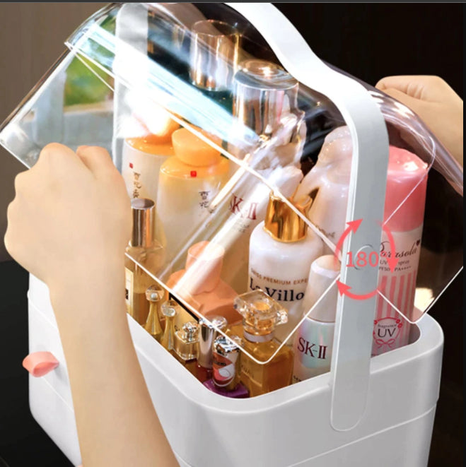 Premium Dustproof Makeup Organizer with Handle & Drawers – Portable Cosmetic Storage Box