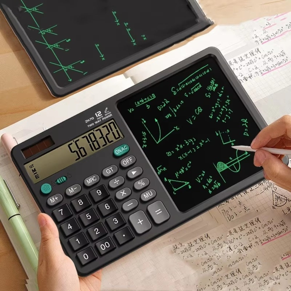2-in-1 Calculator with Writing Pad | 12-Digit Electronic Calculator & 6-Inch LCD Writing Tablet | Solar + Battery