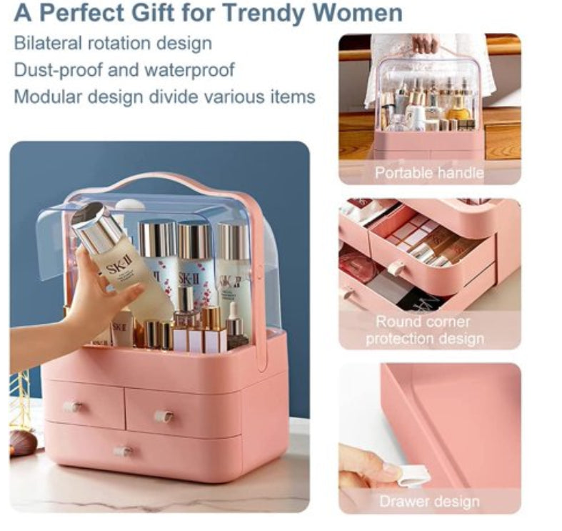 Premium Dustproof Makeup Organizer with Handle & Drawers – Portable Cosmetic Storage Box