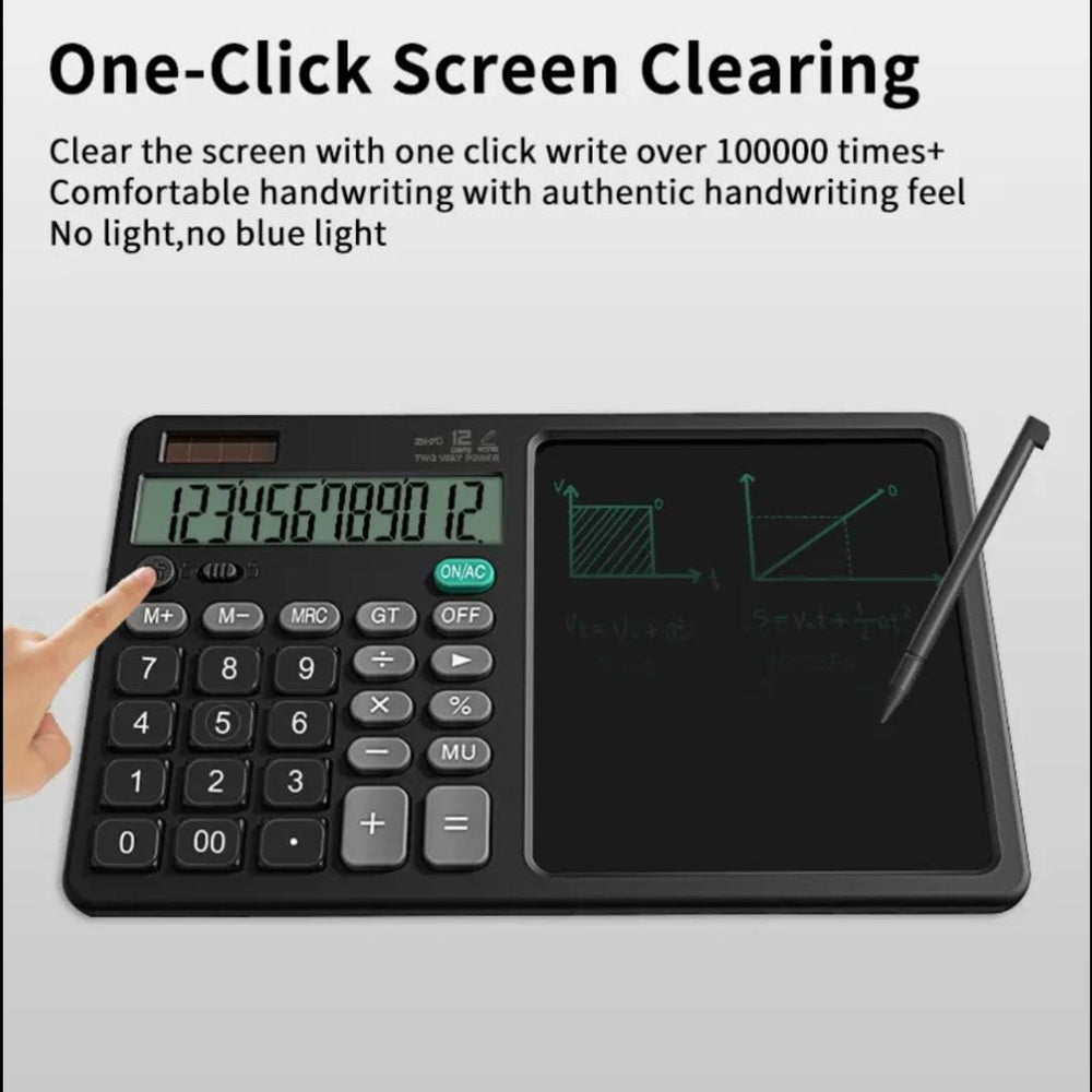 2-in-1 Calculator with Writing Pad | 12-Digit Electronic Calculator & 6-Inch LCD Writing Tablet | Solar + Battery