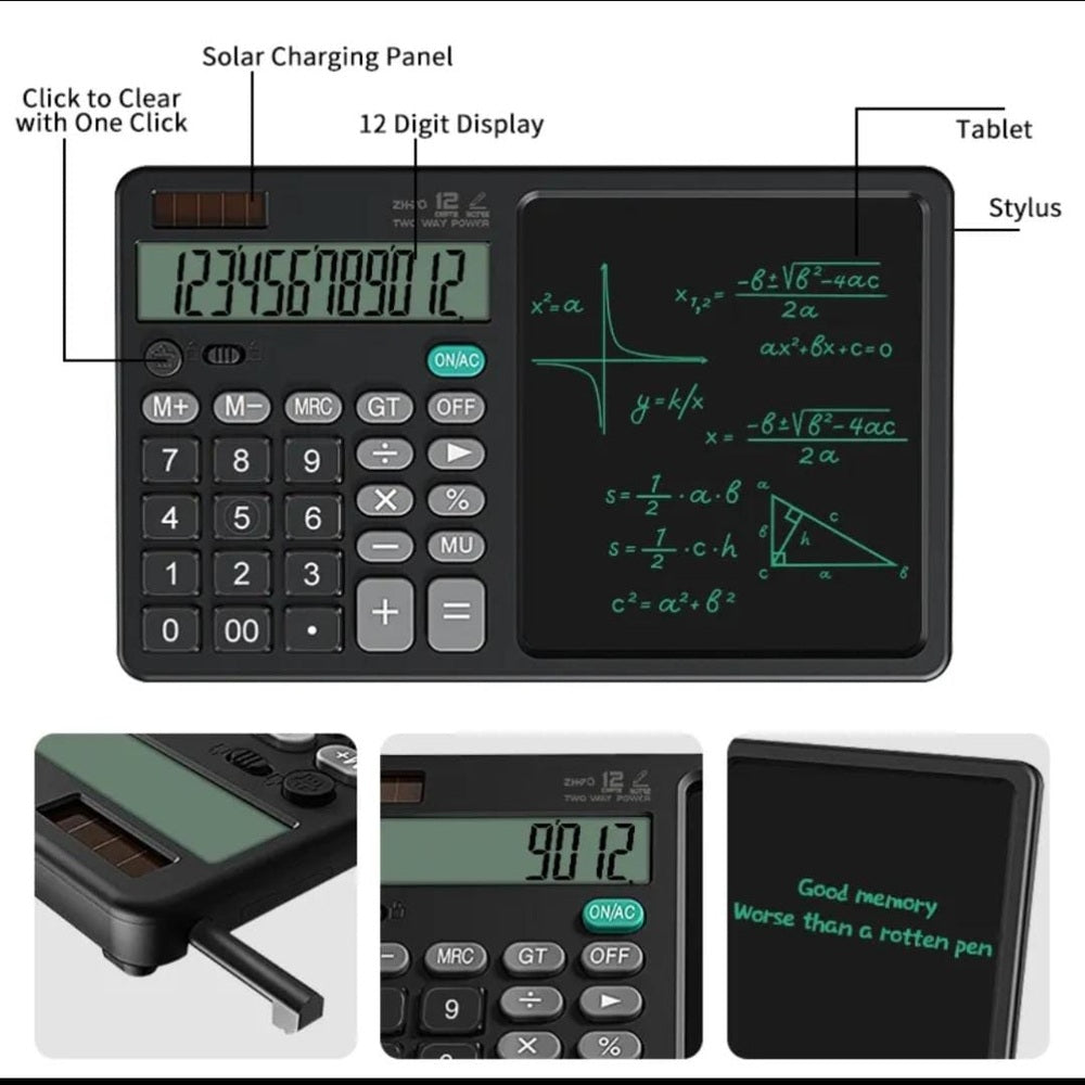 2-in-1 Calculator with Writing Pad | 12-Digit Electronic Calculator & 6-Inch LCD Writing Tablet | Solar + Battery