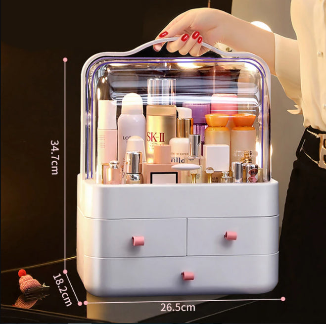 Premium Dustproof Makeup Organizer with Handle & Drawers – Portable Cosmetic Storage Box