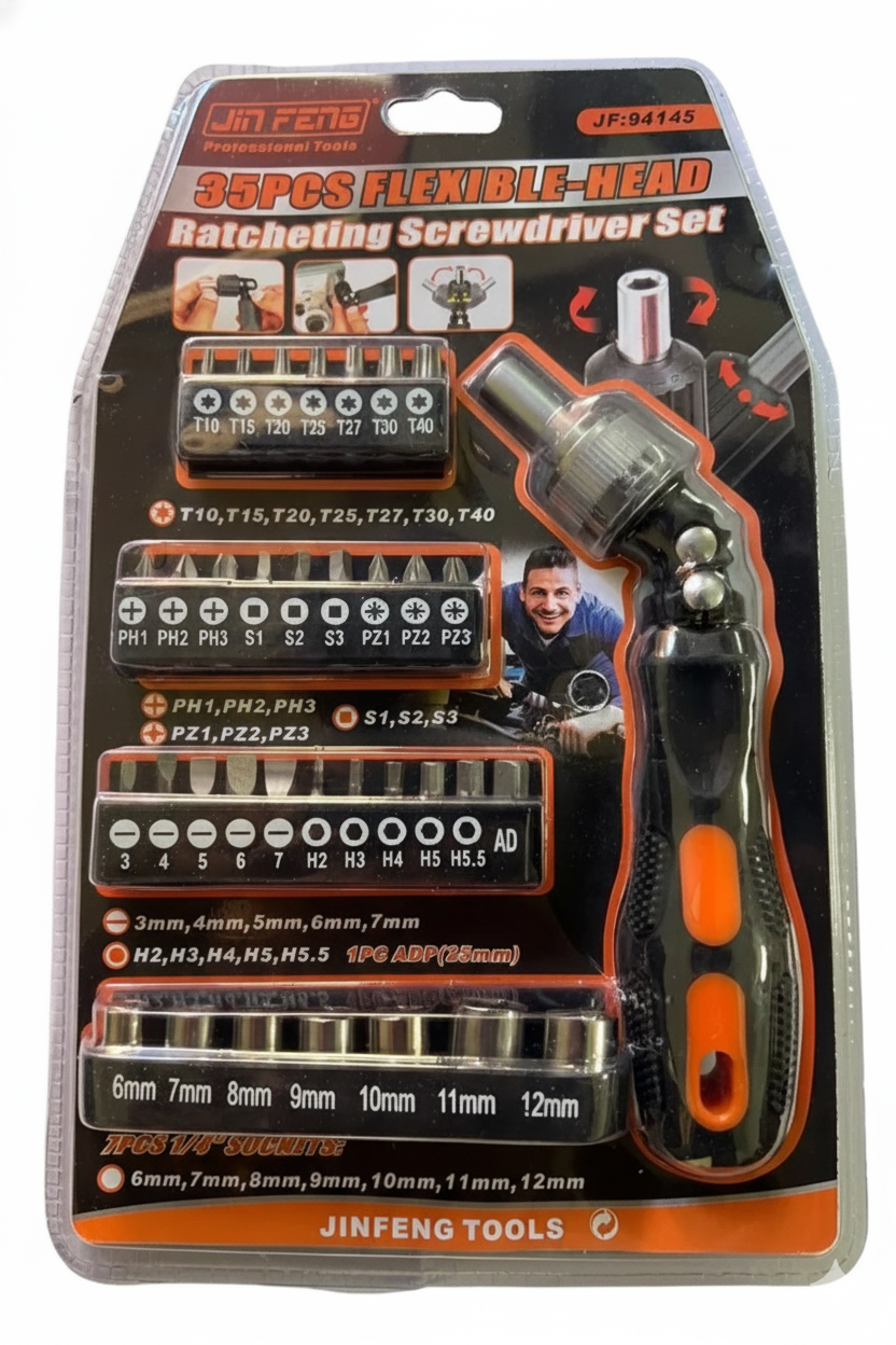 35PCS Flex-Head Ratcheting Screwdriver & Socket Set | Adjustable Angle Wrench Tool Kit for Tight Spaces | Multi-Bit T10-T40, PH, PZ, Hex