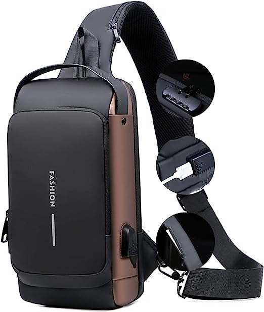 Waterproof Chest Bag - Fashion Men Sling Bag Pack with Lock Waterproof Anti-Theft Chest Bag with USB Charging Port Shoulder Bag Body Backpack with TSA Lock