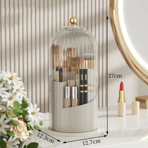 360° Rotating Cage-Shape Makeup Brush Holder – Luxury Dust-Proof Brush Organizer, Lipstick & Eyebrow Pencil Storage