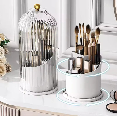360° Rotating Cage-Shape Makeup Brush Holder – Luxury Dust-Proof Brush Organizer, Lipstick & Eyebrow Pencil Storage