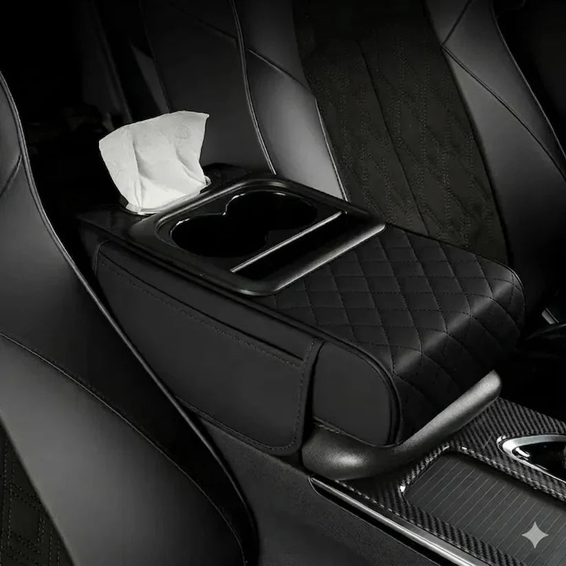 Multi-Function Car Armrest Cushion with Cup Holder & Tissue Box | Premium PU Leather Center Console Armrest Organizer for All Cars
