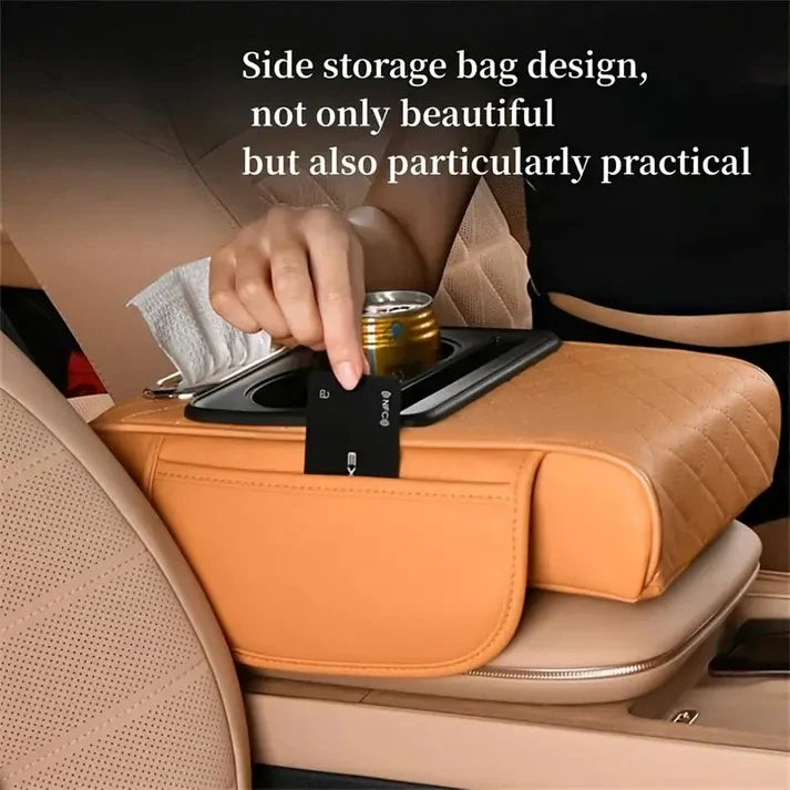 Multi-Function Car Armrest Cushion with Cup Holder & Tissue Box | Premium PU Leather Center Console Armrest Organizer for All Cars