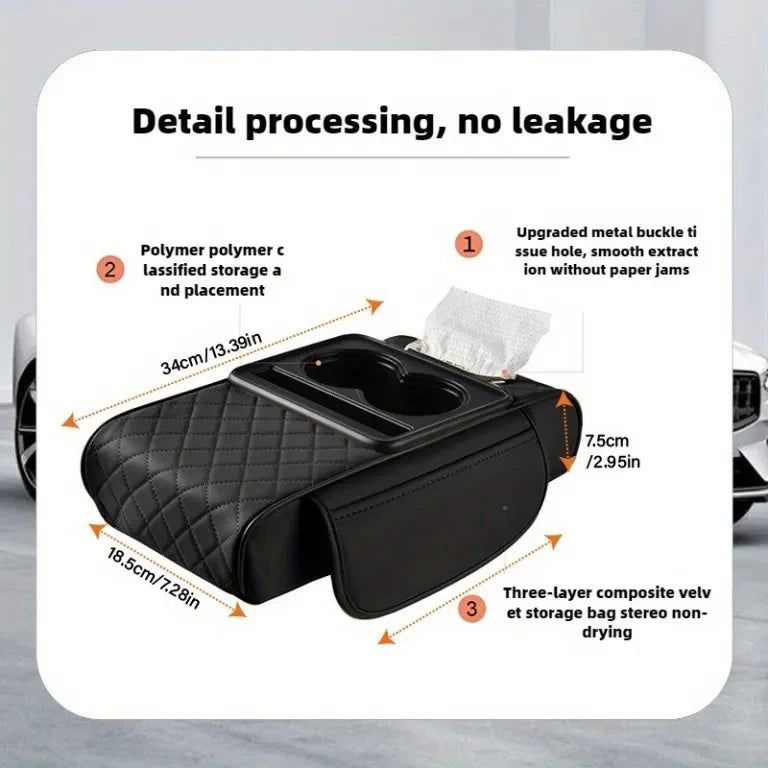 Multi-Function Car Armrest Cushion with Cup Holder & Tissue Box | Premium PU Leather Center Console Armrest Organizer for All Cars