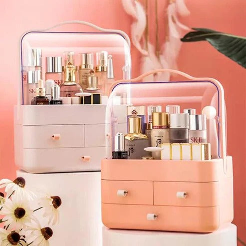 Premium Dustproof Makeup Organizer with Handle & Drawers – Portable Cosmetic Storage Box